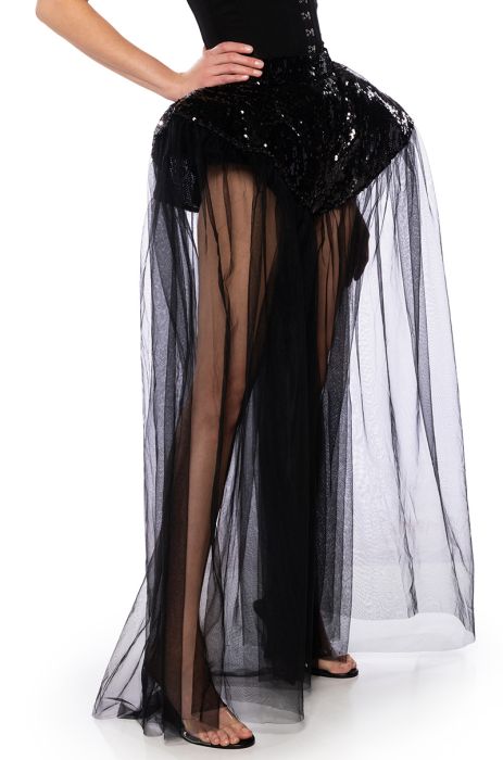 ALL OF THE DRAMA TULLE OVERLAY SEQUINED FASHION SHORT IN BLACK