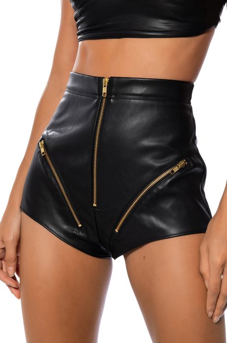 ALL ZIPPED UP FAUX LEATHER BOOTY SHORT in black