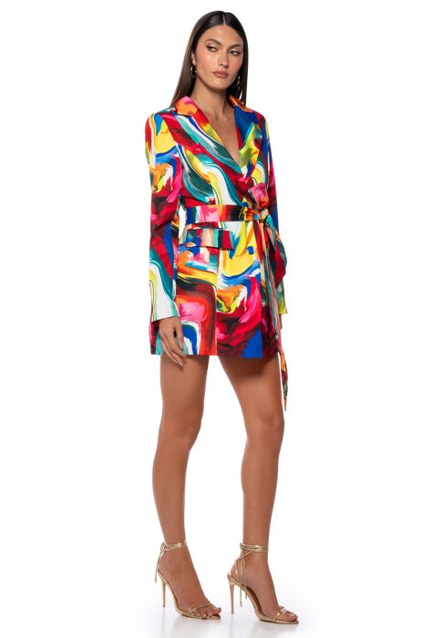 ALWAYS RIGHT BELTED MINI DRESS IN BLUE MULTI