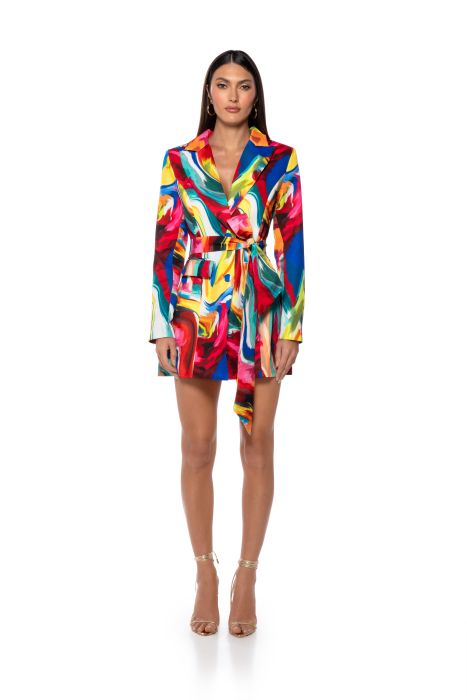 ALWAYS RIGHT BELTED MINI DRESS IN BLUE MULTI
