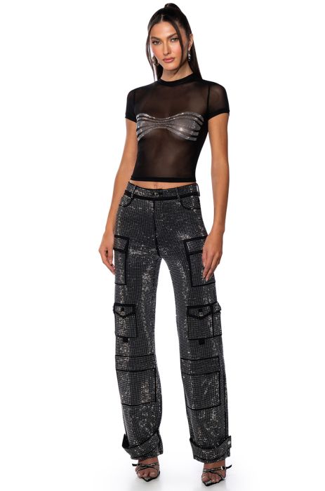 AMMO BONNE SOIREE RHINESTONE CARGO PANTS IN BLACK, GREY