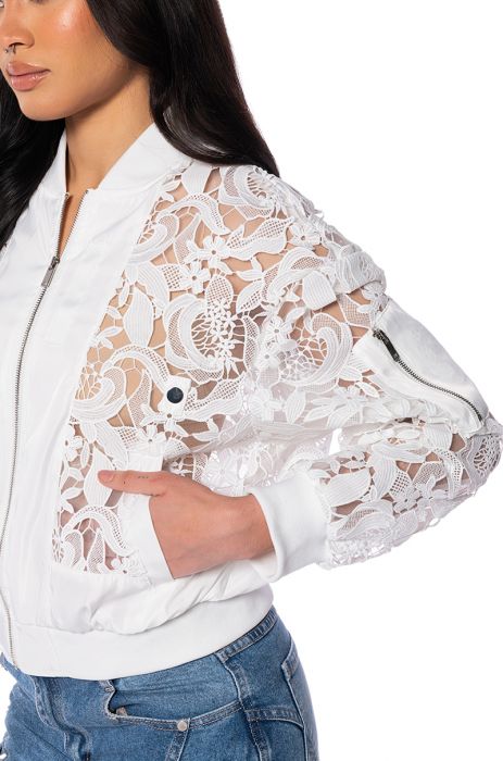 AND JUST LIKE THAT LACE BOMBER in white