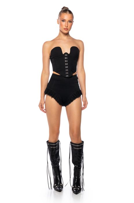 ASTRO RUFFLE DENIM BOOTY SHORT in black