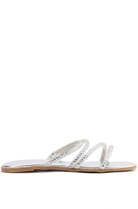 AZALEA WANG ABOUT YOU RHINESTONE EMBELLISHED SLIP ON FLAT SANDAL IN SILVER