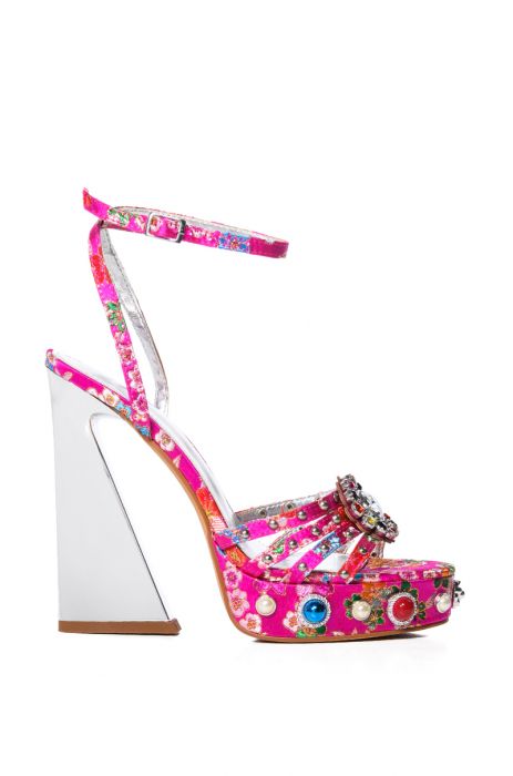 AZALEA WANG ADEN EMBELLISHED BROCADE CHUNKY SANDAL IN FUCHSIA