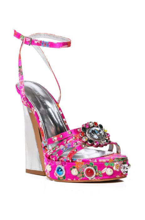AZALEA WANG ADEN EMBELLISHED BROCADE CHUNKY SANDAL IN FUCHSIA