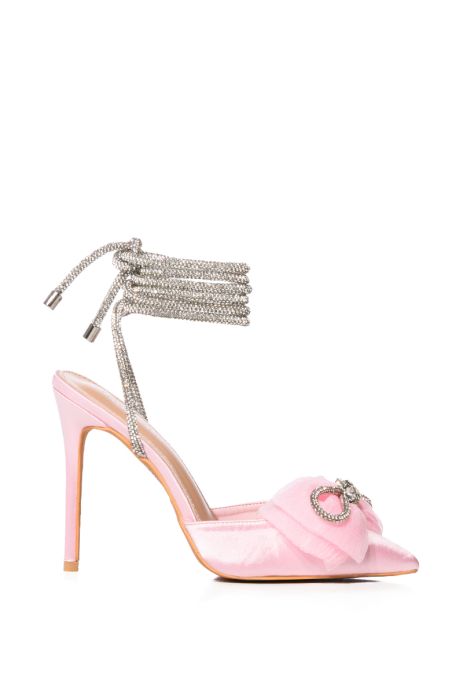AZALEA WANG CHANTE EMBELLISHED LACE UP PUMP WITH BOW IN PINK