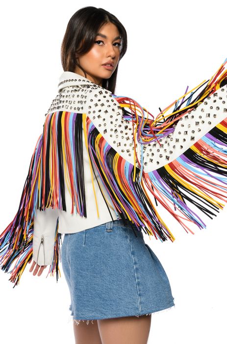 AZALEA WANG FREE RIDER STUDDED FRINGE MOTO JACKET in white multi