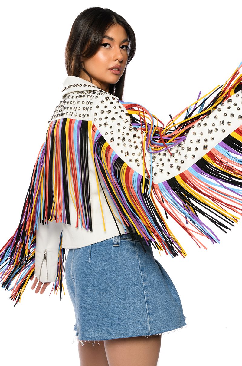 AZALEA WANG FREE RIDER STUDDED FRINGE MOTO JACKET in white multi
