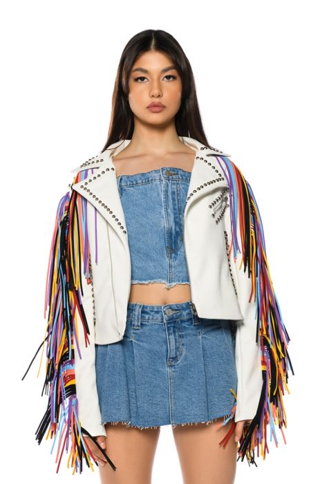 AZALEA WANG FREE RIDER STUDDED FRINGE MOTO JACKET in white multi