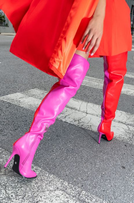 AZALEA WANG NEAPOLITAN COLORBLOCK THIGH HIGH BOOT IN RED