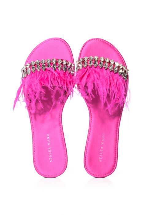 AZALEA WANG ONTARIO EMBELLISHED FEATHER FLAT SANDAL IN FUCHSIA