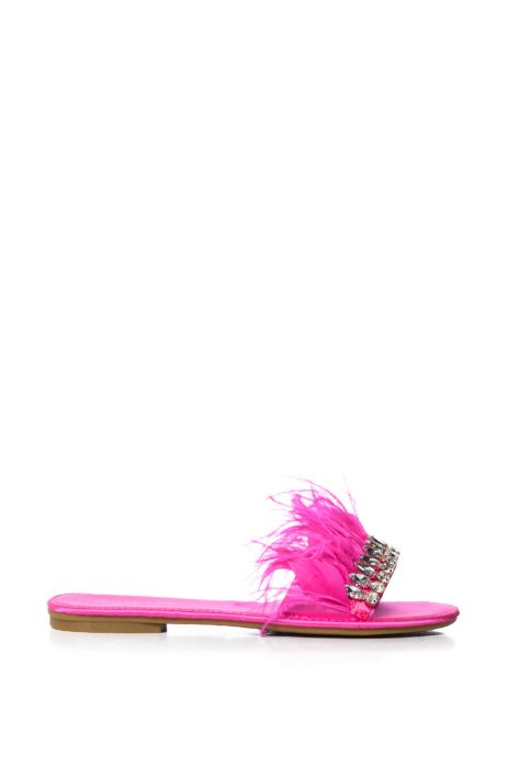 AZALEA WANG ONTARIO EMBELLISHED FEATHER FLAT SANDAL IN FUCHSIA