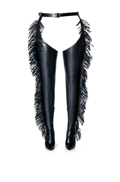 AZALEA WANG RIDE AT DAWN BELTED THIGH HIGH STILETTO FRINGE CHAP BOOT WITH 4 WAY STRETCH in black