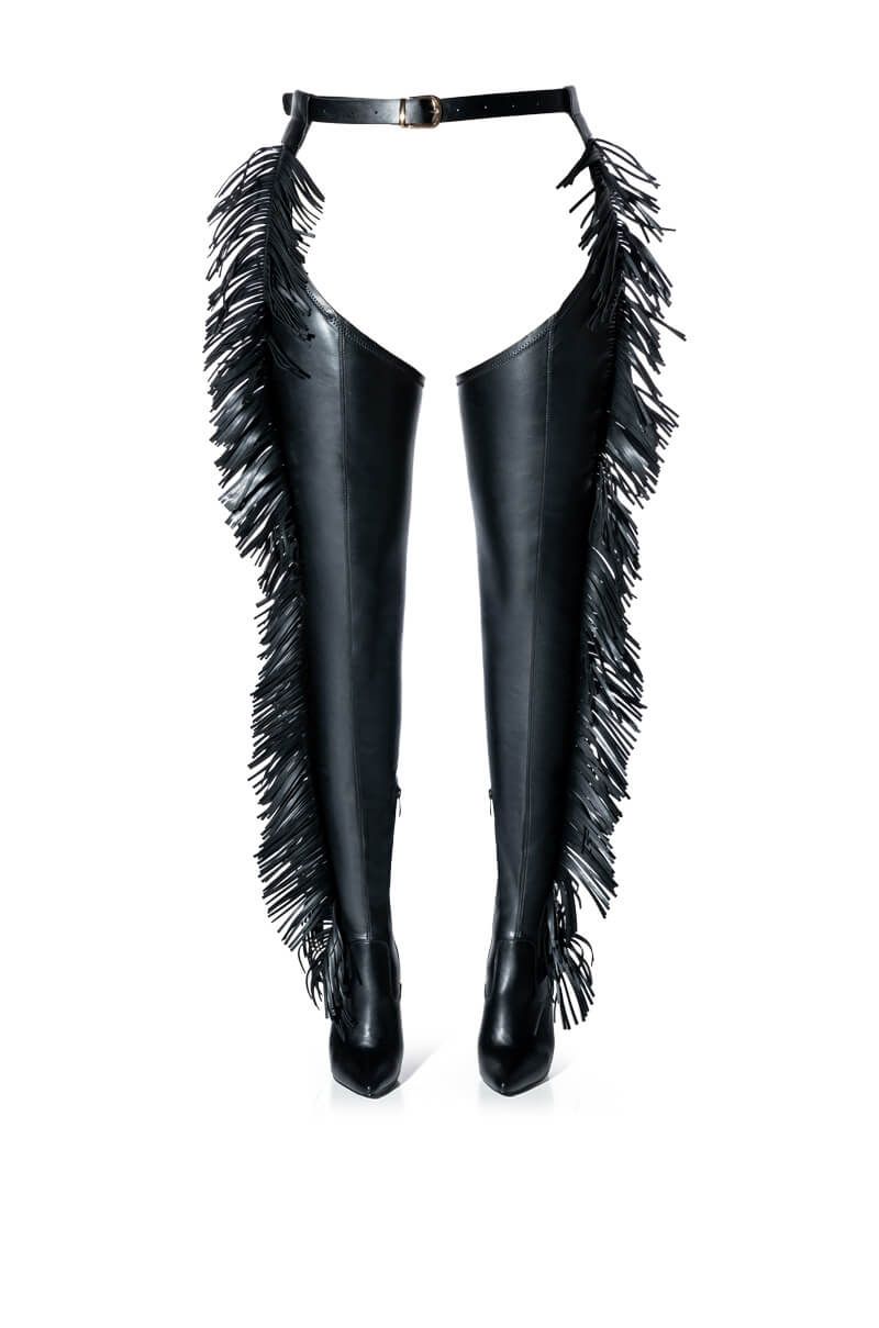 AZALEA WANG RIDE AT DAWN BELTED THIGH HIGH STILETTO FRINGE CHAP BOOT WITH 4 WAY STRETCH in black
