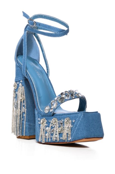 AZALEA WANG THAT GIRL RHINESTONE FRINGE CHUNKY HEEL SANDAL IN DENIM