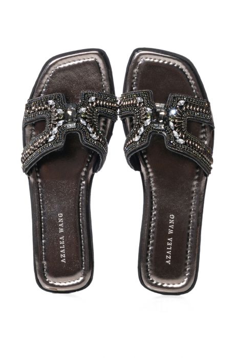 AZALEA WANG TULUM EMBELLISHED FLAT SANDAL IN BLACK