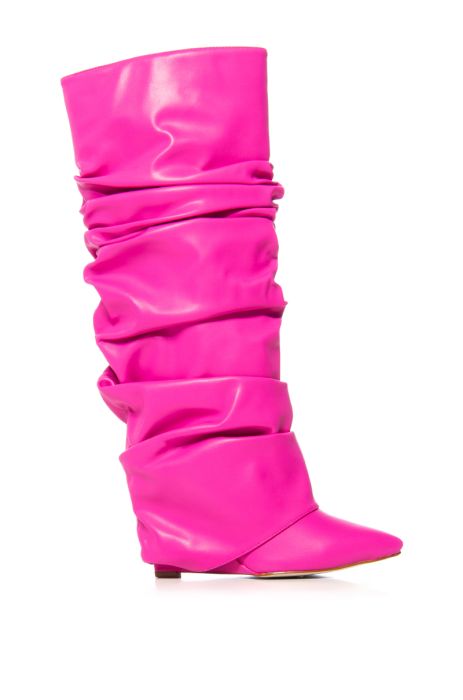 AZALEA WANG ZUMMA PINK RUCHED WEDGE BOOT IN PINK