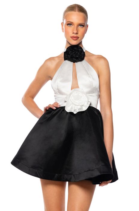 BLACK TIE LADY SLEEVELESS HALTER MINI DRESS IN BLACK WHITE