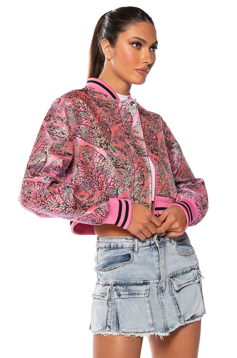 BROCADE TAPESTRY SPRING BOMBER in PINK MULTI