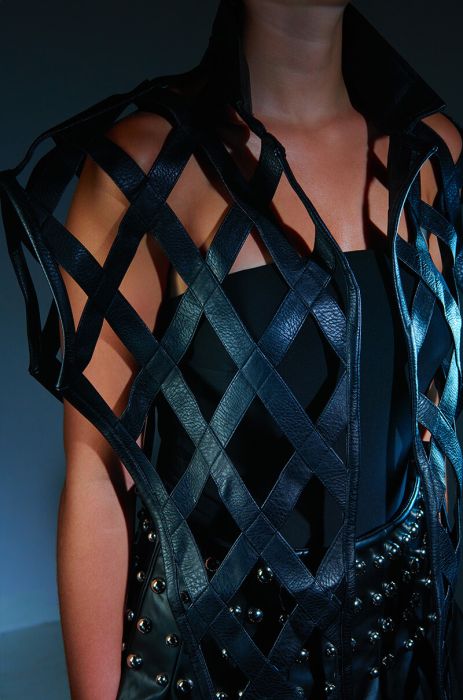 CAGED PU MOTO VEST WITH FRONT DRAPE in black