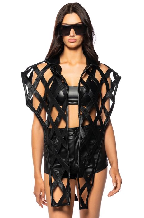 CAGED PU MOTO VEST WITH FRONT DRAPE in black