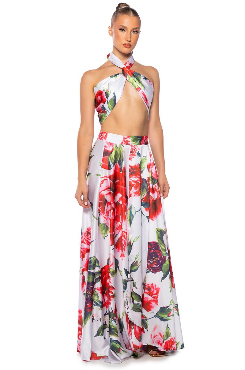 CARAMELLA MAXI SATIN WRAP SKIRT IN WHITE FLORAL
