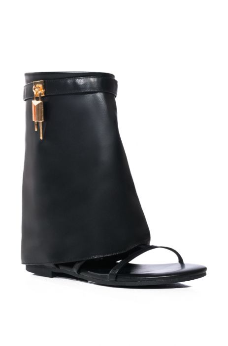 CARLA FOLD OVER FLAT BOOTIE SANDAL IN BLACK