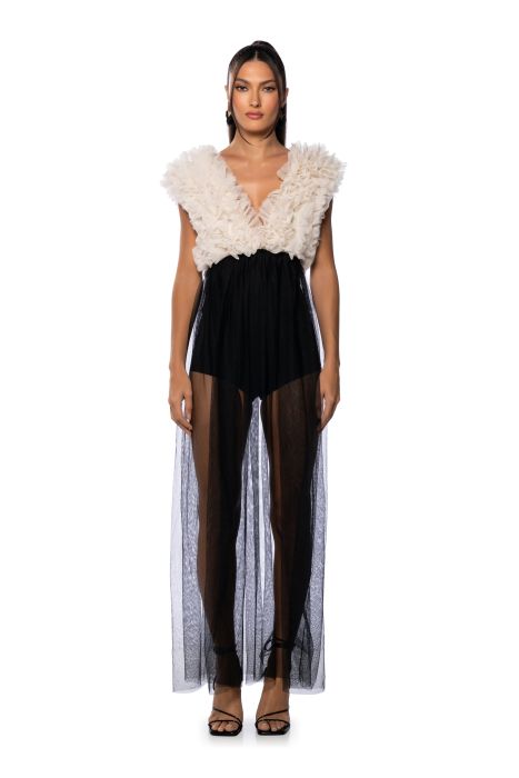 CASS V NECK SHEER MAXI DRESS IN BLACK WHITE