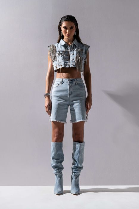 COVERED IN DIAMONDS RELAXED DENIM SHORTS in Light Blue Denim