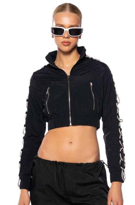 DIAMOND LACE UP TRACK JACKET IN BLACK GLITTER