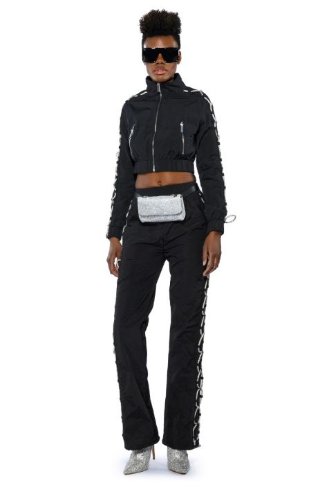DIAMOND LACE UP TRACK PANT IN BLACK SILVER