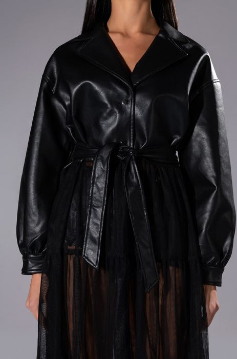 DUALITY CROP PU TRENCH WITH CHIFFON SKIRT IN BLACK
