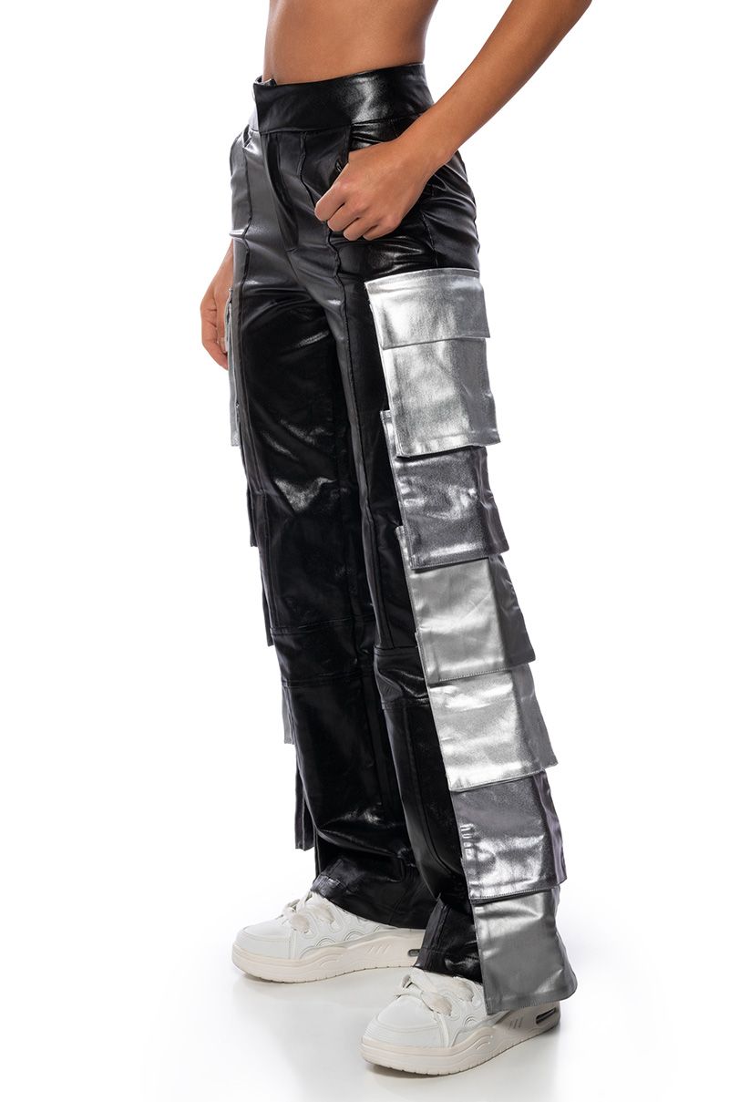 DYNAMITE METALLIC FAUX LEATHER CARGO PANTS in black multi