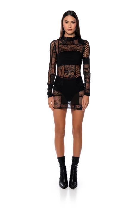 GINA MESH PATCHWORK MINI DRESS IN BLACK
