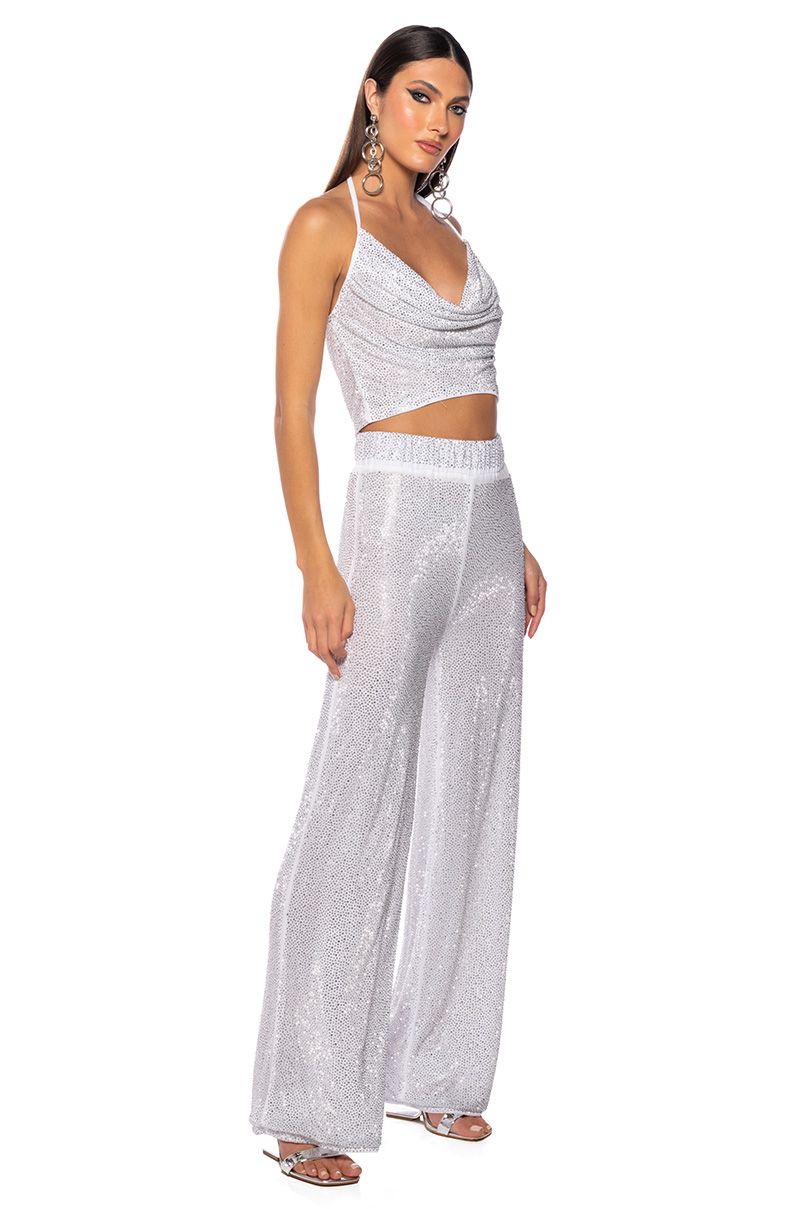 GLITZY RHINESTONE MESH PALAZZO PANT IN WHITE