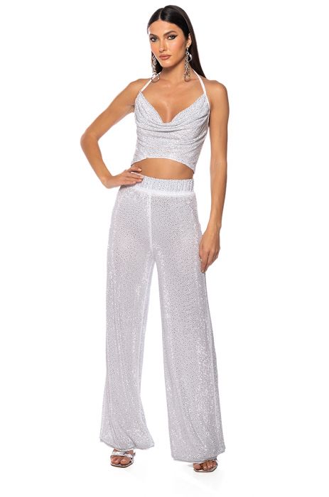 GLITZY RHINESTONE MESH PALAZZO PANT IN WHITE