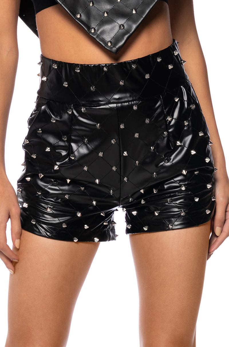 HBIC FAUX LEATHER SPIKE DETAILED SHORT IN BLACK