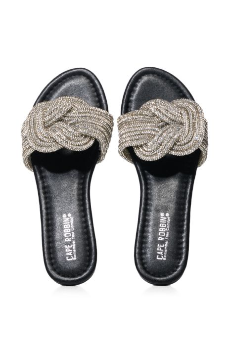 HEAT OF THE NIGHT KNOTTED RHINESTONE SANDAL IN BLACK