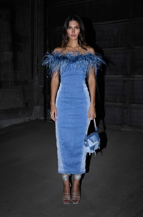 HIT THE TOWN FEATHER TRIM DENIM MAXI DRESS