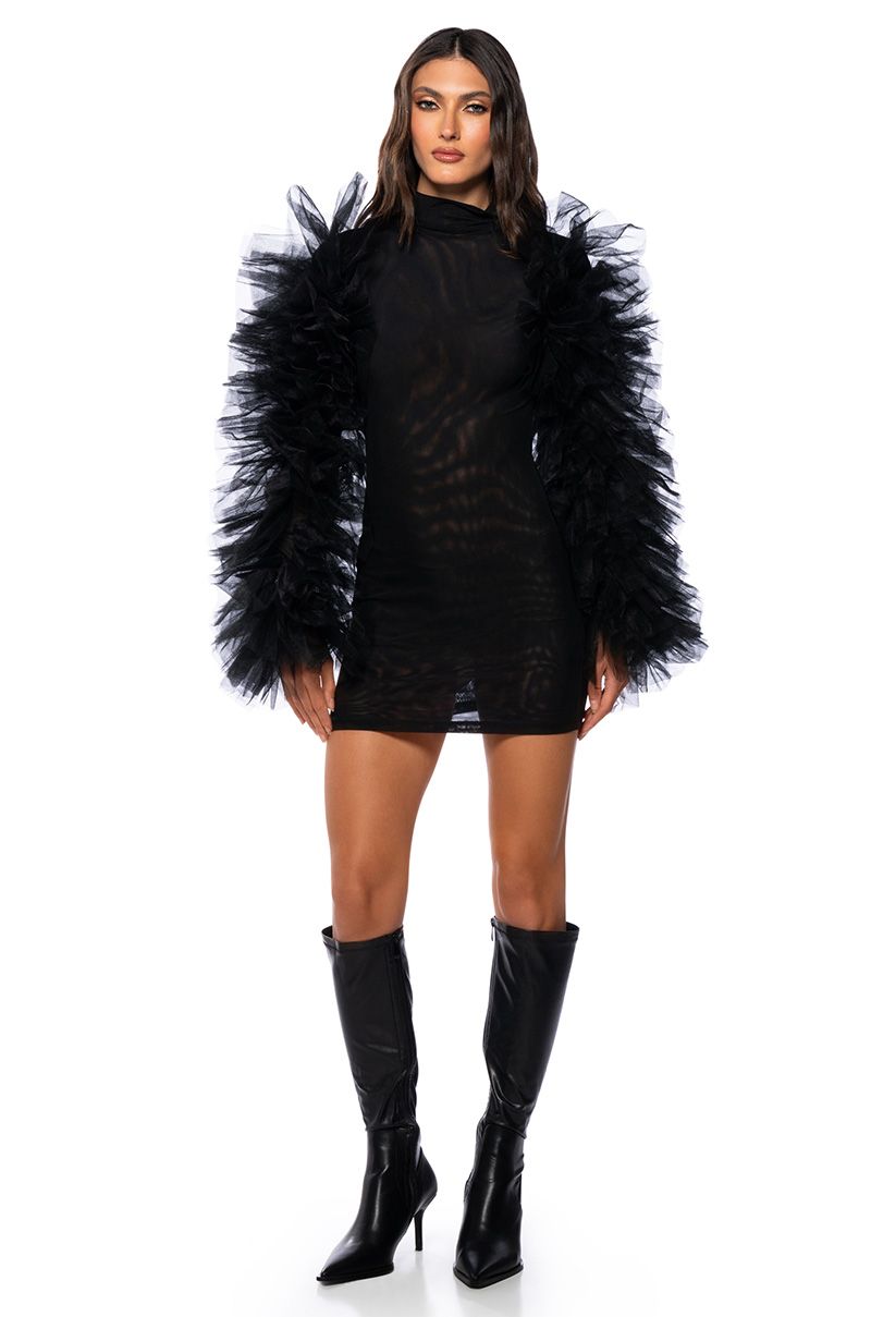 KARMA TULLE SLEEVE MESH MINI DRESS IN BLACK