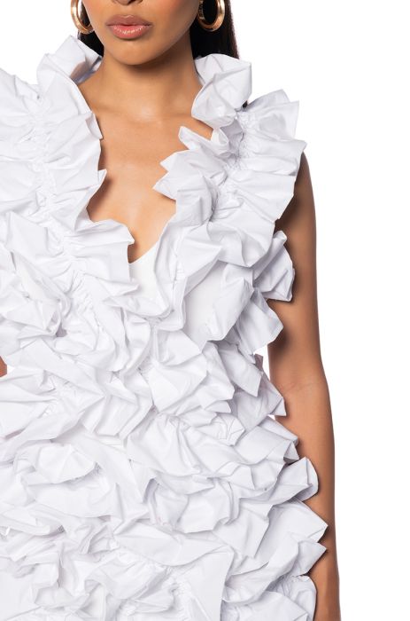 KASEY RAW HEM RUFFLE OPEN BACK MINI DRESS IN WHITE