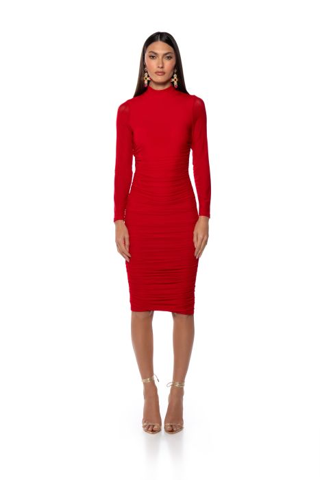 KEEP IT LOW KEY LONG SLEEVE MIDI RUCHED DRESS