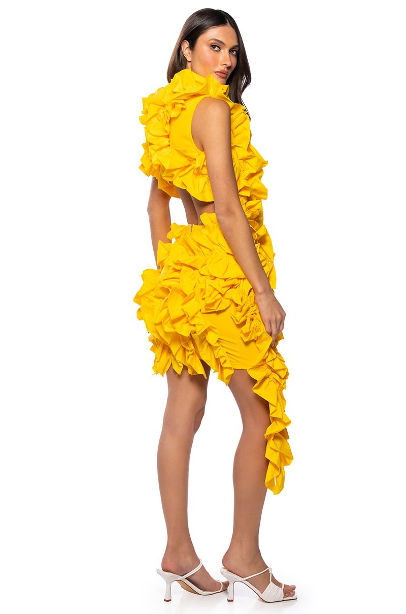 KELSEY RUFFLE OPEN BACK MINI DRESS IN YELLOW