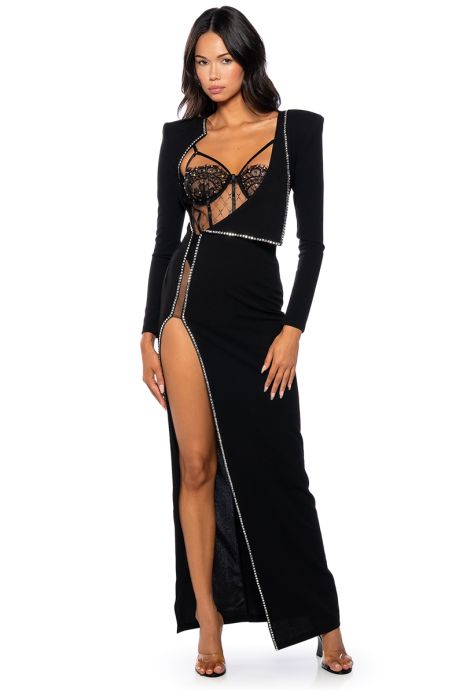 LEADER OF THE PACK LONG SLEEVE HIGH SLIT GOWN in black