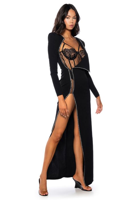 LEADER OF THE PACK LONG SLEEVE HIGH SLIT GOWN in black