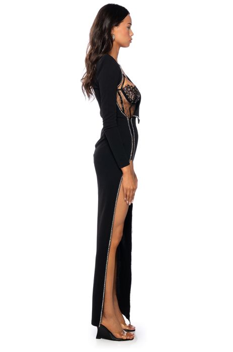 LEADER OF THE PACK LONG SLEEVE HIGH SLIT GOWN in black