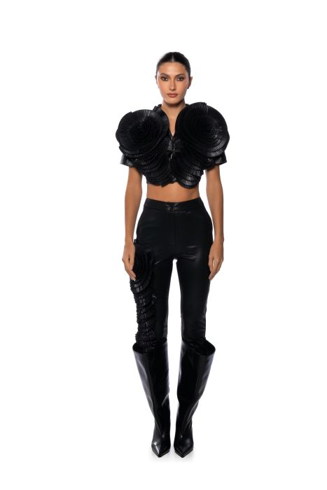 LOTUS FLOWER BOMB FAUX LEATHER FLARE PANT in black