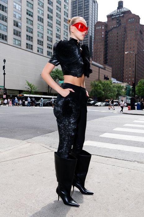 LOTUS FLOWER BOMB FAUX LEATHER FLARE PANT in black