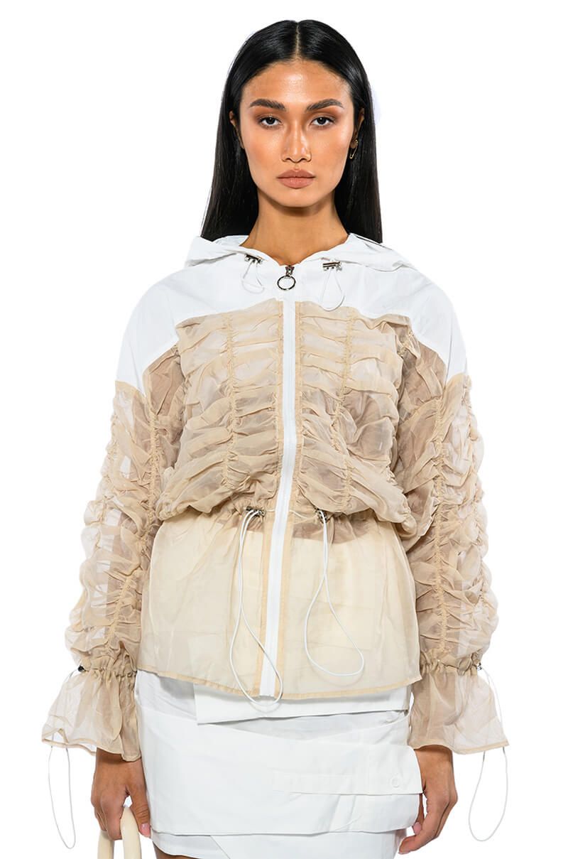 MADE YOU LOOK RUCHED BOMBER IN BEIGE